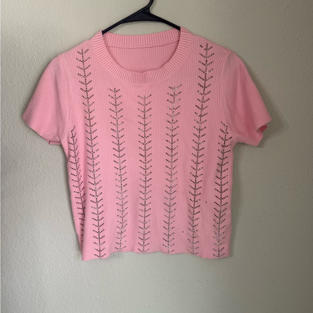 Pink Short-Sleeve Knit Top with Eyelet Stripe Detail